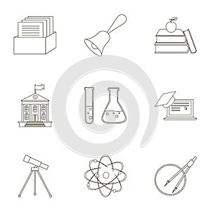 School set icons in outline style. Big collection of school illustration