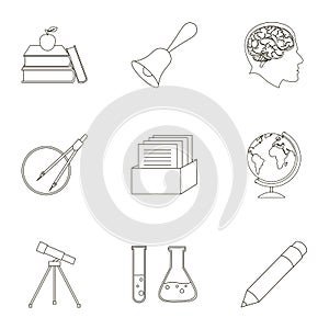 School set icons in outline style. Big collection of school illustration