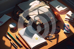 A school set of items on a wooden desk in bright sunlight. Generated by AI
