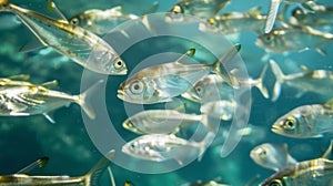 A school of shimmering fish dart through the crystal clear waters their movements seemingly choreographed by some unseen