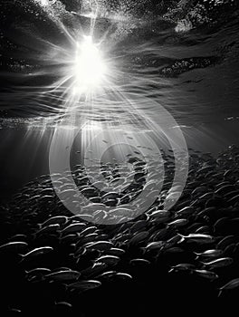 A school of silver fish quivering beneath the sunlight little ripples of light chasing in their wake.. AI generation