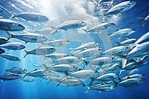 a school of silver fish swimming in perfect unison