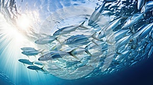 School of silver fish swimming in unison in the ocean