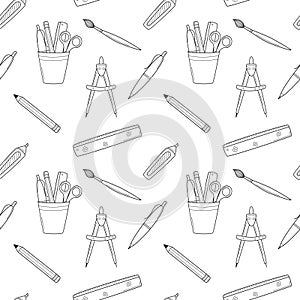 School simple seamless pattern with stationery, office supplies, compasses, ruler, pen, pencil, brush. Black and white background