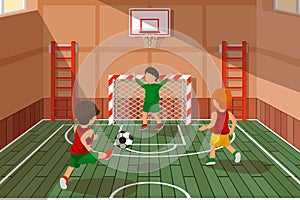 School soccer game. Kids playing soccer, vector illustration