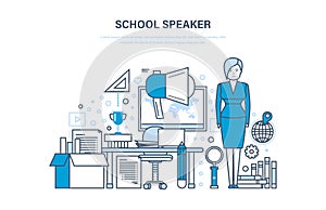 School speaker concept. Training, education. Teaching on lesson in classroom.