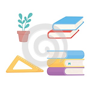 School stack of books traingle ruler and plant icons supplies