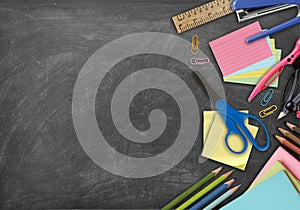 School stationery items, notebooks and pens background