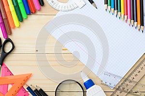 School stationery with notebook copyspace