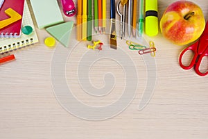 School stationery supplies on table