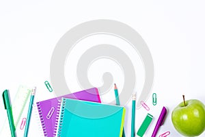 School stationery on white background with copyspace