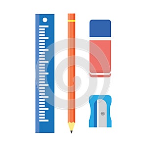 School stationery, wooden pencil, sharpener, ruler and eraser