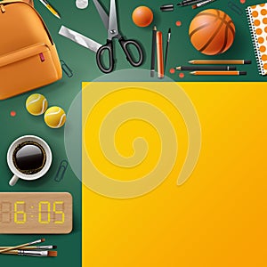 School stationery, yellow backpack, basketball ball flat lay on a green background, yellow blank paper for message. Back