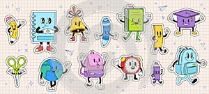 School stickers groovy style. Funky retro characters, emotional children mascots stationery. Bell, globe, happy pencil