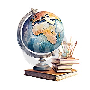 School student globe, world map, stack of textbooks, watercolor illustration