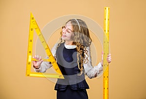 School student study geometry. Kid school uniform hold ruler. Geometry school subject. Education and school concept