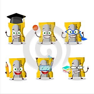 School student of yellow pencil sharpener cartoon character with various expressions