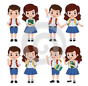 School students characters set. Student kids classmates character for back to school in standing pose.