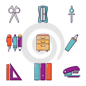 School stuff icons set, flat style