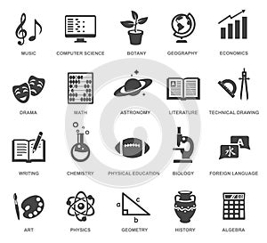 School subjects black glyph icons vector set