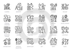 School subjects doodle icon set. Sciences - geometry, math, biology, chemistry, history, robotics, computer education