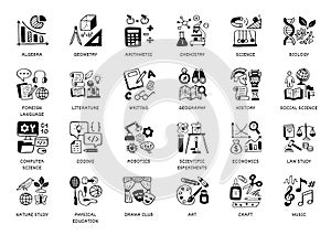 School subjects doodle icon set. Sciences - geometry, math, biology, chemistry, history, robotics, computer education