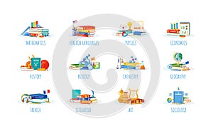 School subjects flat concept vector illustrations set