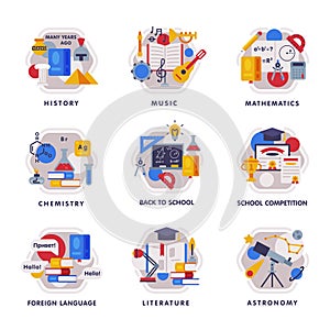 School Subjects Icons Set, Education and Science Disciplines with Related Elements Flat Style Vector Illustration