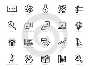 School subjects icons in thin line style