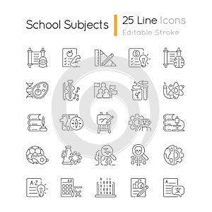 School subjects linear icons set