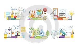 School Subjects Set, Math, Geography, Physics, Chemistry, Biology, Astronomy, Vector Illustration