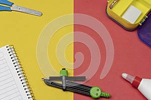 School supplies on 2 color flatlay background