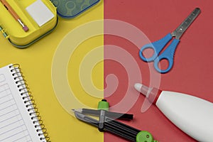 School supplies on 2 color flatlay background