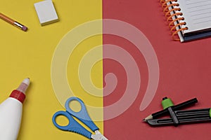 School supplies on 2 color flatlay background