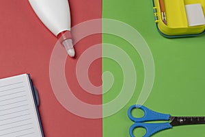 School supplies on 2 color flatlay background