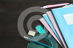 School supplies and accessories on blackboard background. concept Back to school