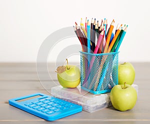 School supplies background. Back to school concept. Items for school. Office desk with copy space. Flat lay. Education and school