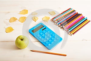 School supplies background. Back to school concept. Items for school. Office desk with copy space. Flat lay. Education and school