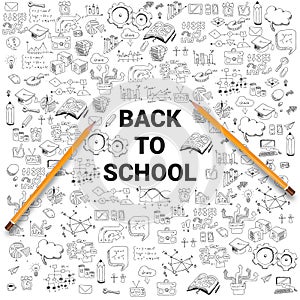 School supplies on the background of drawings. Back to school concept. Modern vector illustration. - Vector