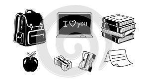 School supplies backpack chalkboard books apple sharpener pencil note vector illustration