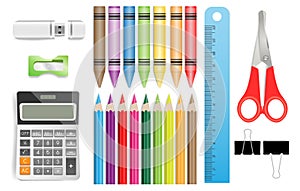 School supplies with calculator, color pencils, ruler, scissors, USB flash drive, sharpeners, black paper clips