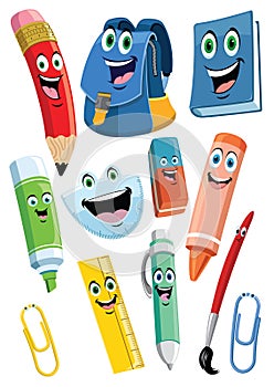 School supplies cartoon character set