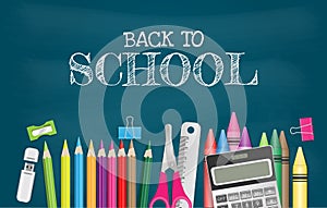 School supplies on chalkboard, back to school concept. Vector illustration