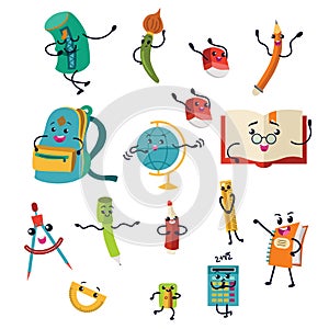 School supplies characters set of icons Education equipments