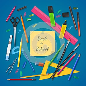 School supplies on colored background