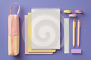 School supplies concept. Top view photo of colorful stationery pink pencil-case stack of reminders pens ruler eraser and adhesive