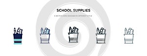 School supplies icon in different style vector illustration. two colored and black school supplies vector icons designed in filled