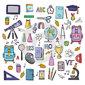 School supplies icon set. Vector colorful illustration. Hand drawings isolated on white background.