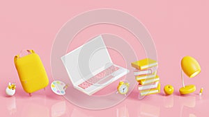 School supplies icons. School bag, laptop, analog clock, books, apple, lamp, pencils, brush and palette. 3D render