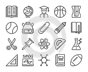 School supplies icons. Education line icon set. Editable Stroke.